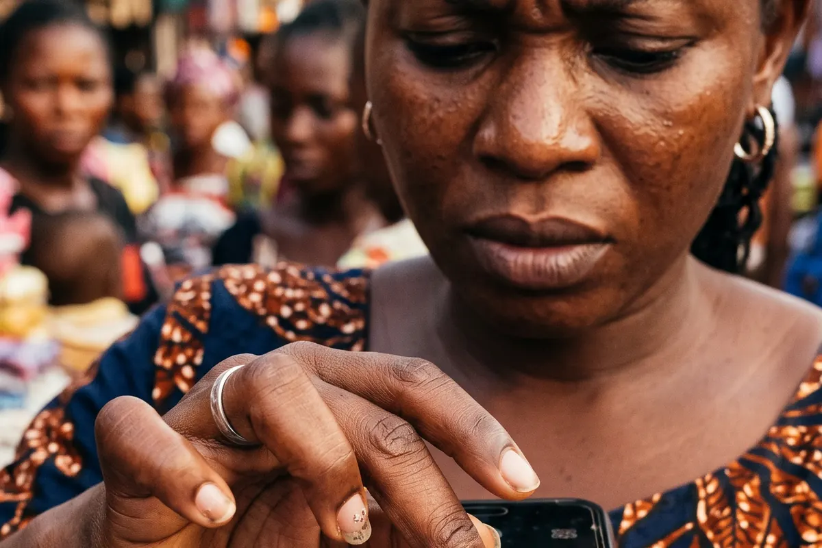 A shop owner frowning at a website on her phone