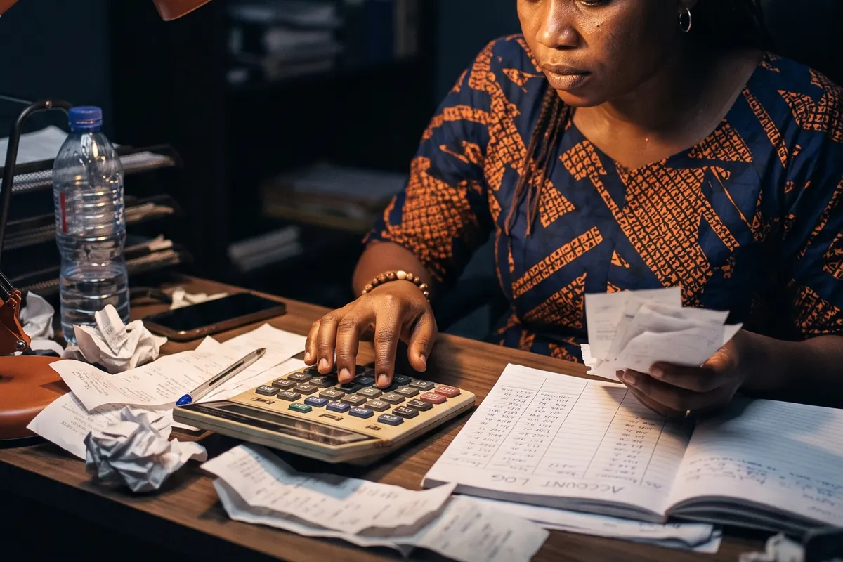 An owner adding up the week by hand, with a calculator and a stack of receipts